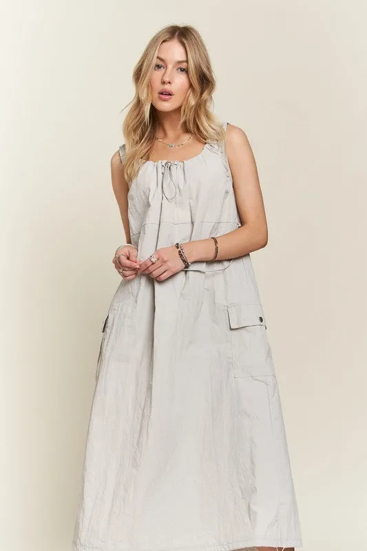 Light Grey Drawstring Slit Back Cargo Dress