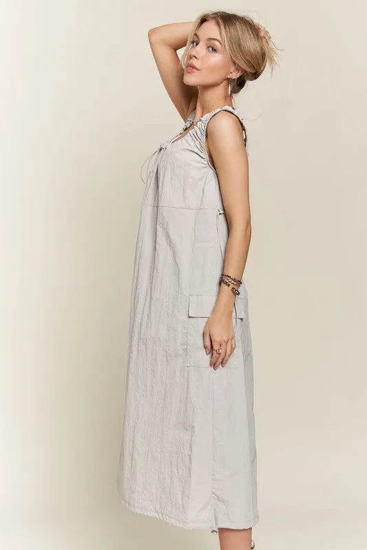 Light Grey Drawstring Slit Back Cargo Dress
