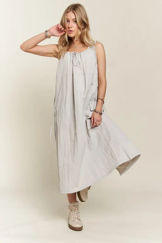 Light Grey Drawstring Slit Back Cargo Dress