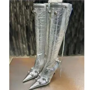 Metallic Buckle High Shaft British Pointed Toe Stiletto Tassel Boots