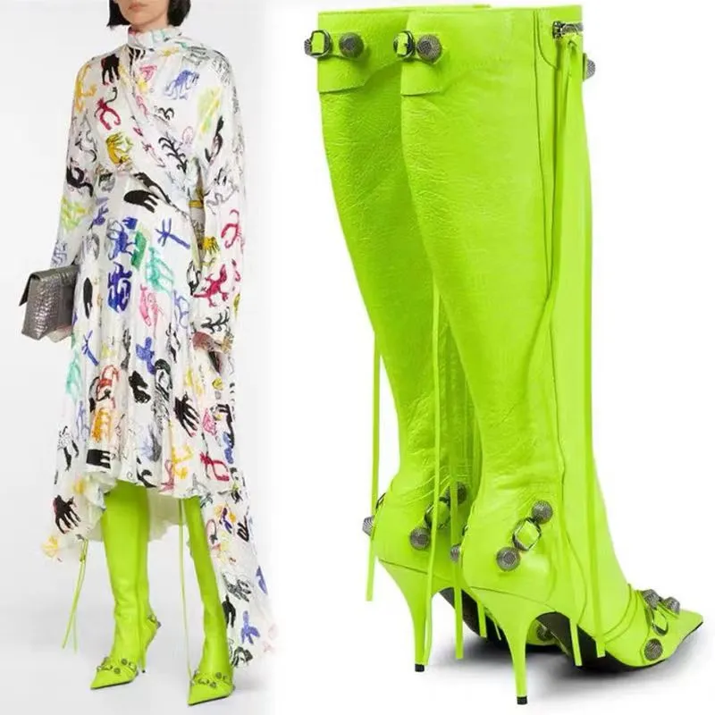 Metallic Buckle High Shaft British Pointed Toe Stiletto Tassel Boots