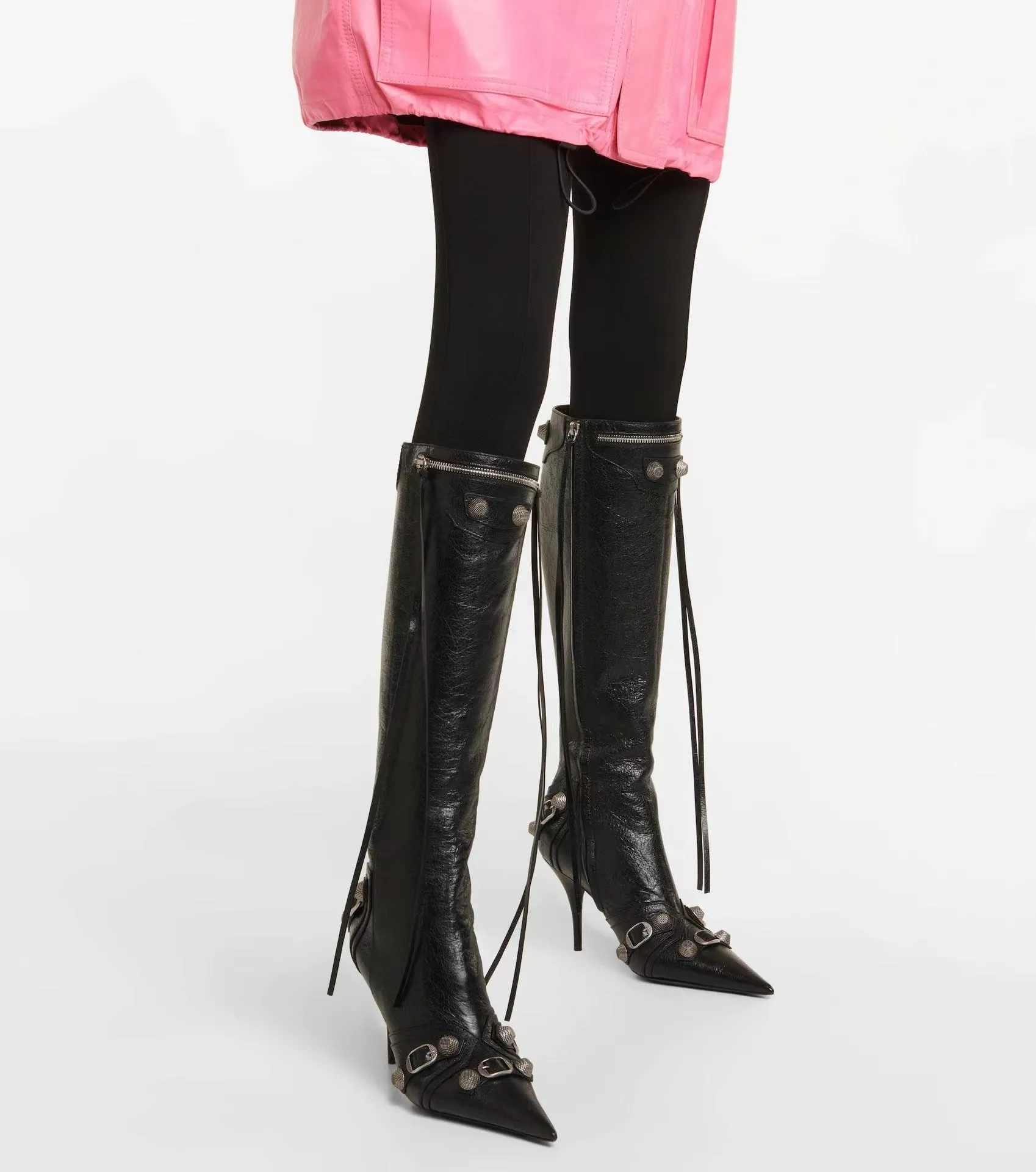 Metallic Buckle High Shaft British Pointed Toe Stiletto Tassel Boots