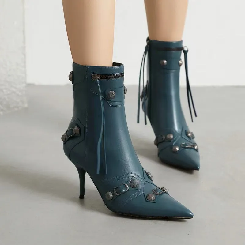 Metallic Buckle High Shaft British Pointed Toe Stiletto Tassel Boots