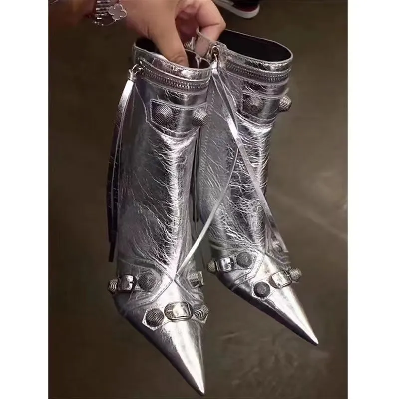 Metallic Buckle High Shaft British Pointed Toe Stiletto Tassel Boots