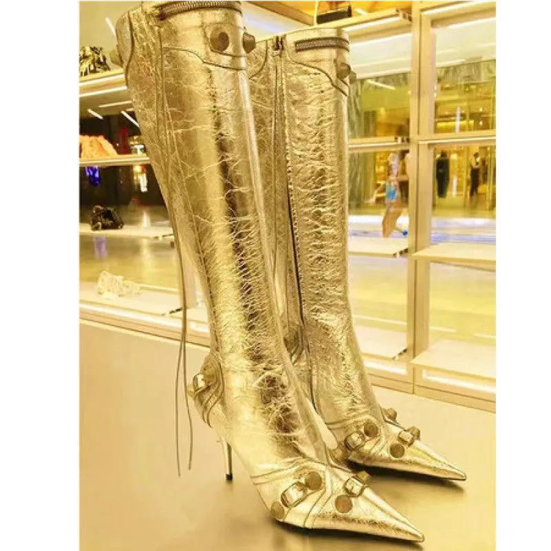 Metallic Buckle High Shaft British Pointed Toe Stiletto Tassel Boots