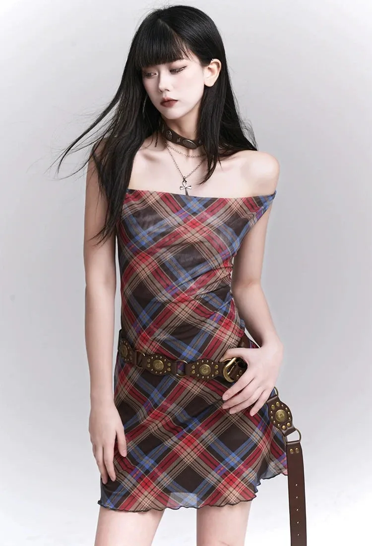 Plaid Cowl Neck Sleeveless Ruched Mini Dress