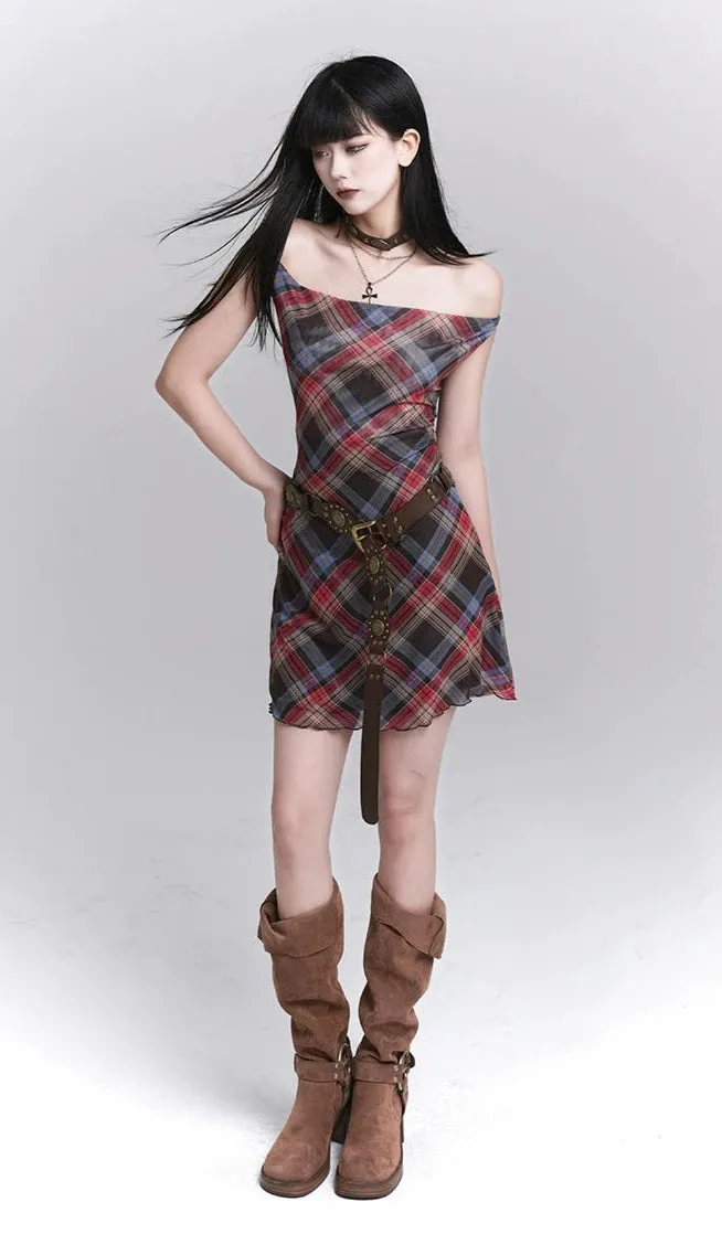 Plaid Cowl Neck Sleeveless Ruched Mini Dress