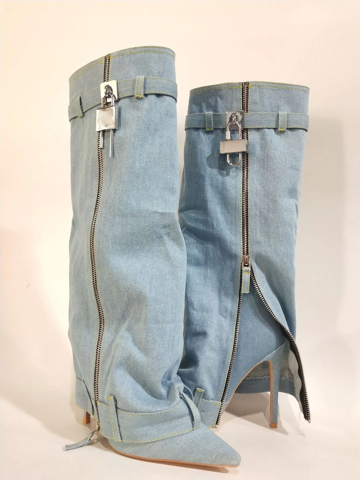 Pointed Toe Belt Buckle Ankle Cuffs Denim High Heel Boots