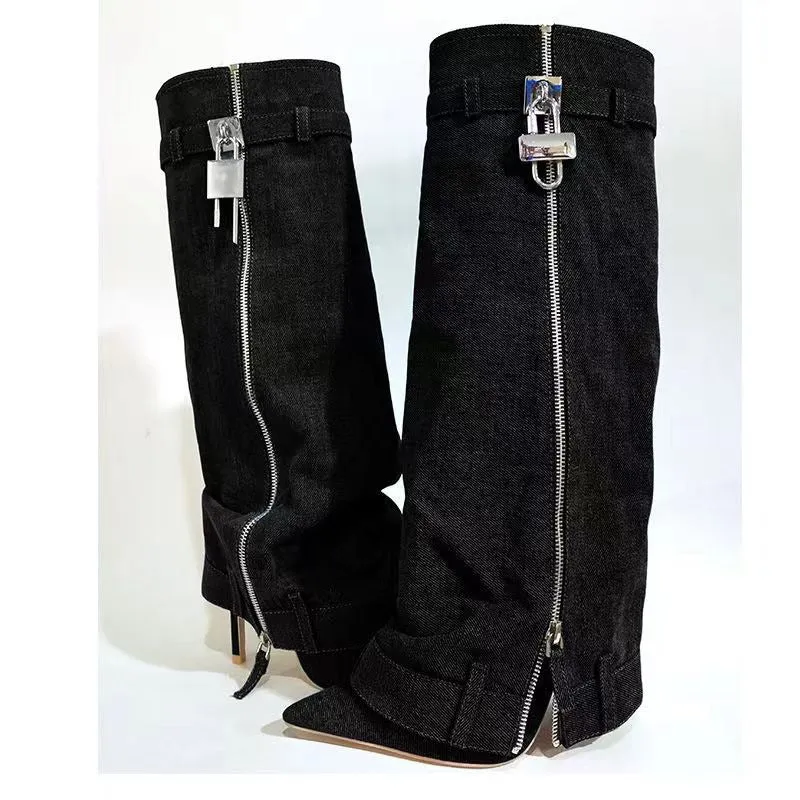 Pointed Toe Belt Buckle Ankle Cuffs Denim High Heel Boots