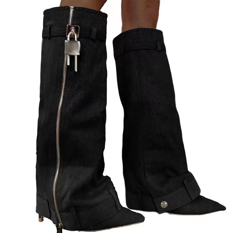 Pointed Toe Belt Buckle Ankle Cuffs Denim High Heel Boots