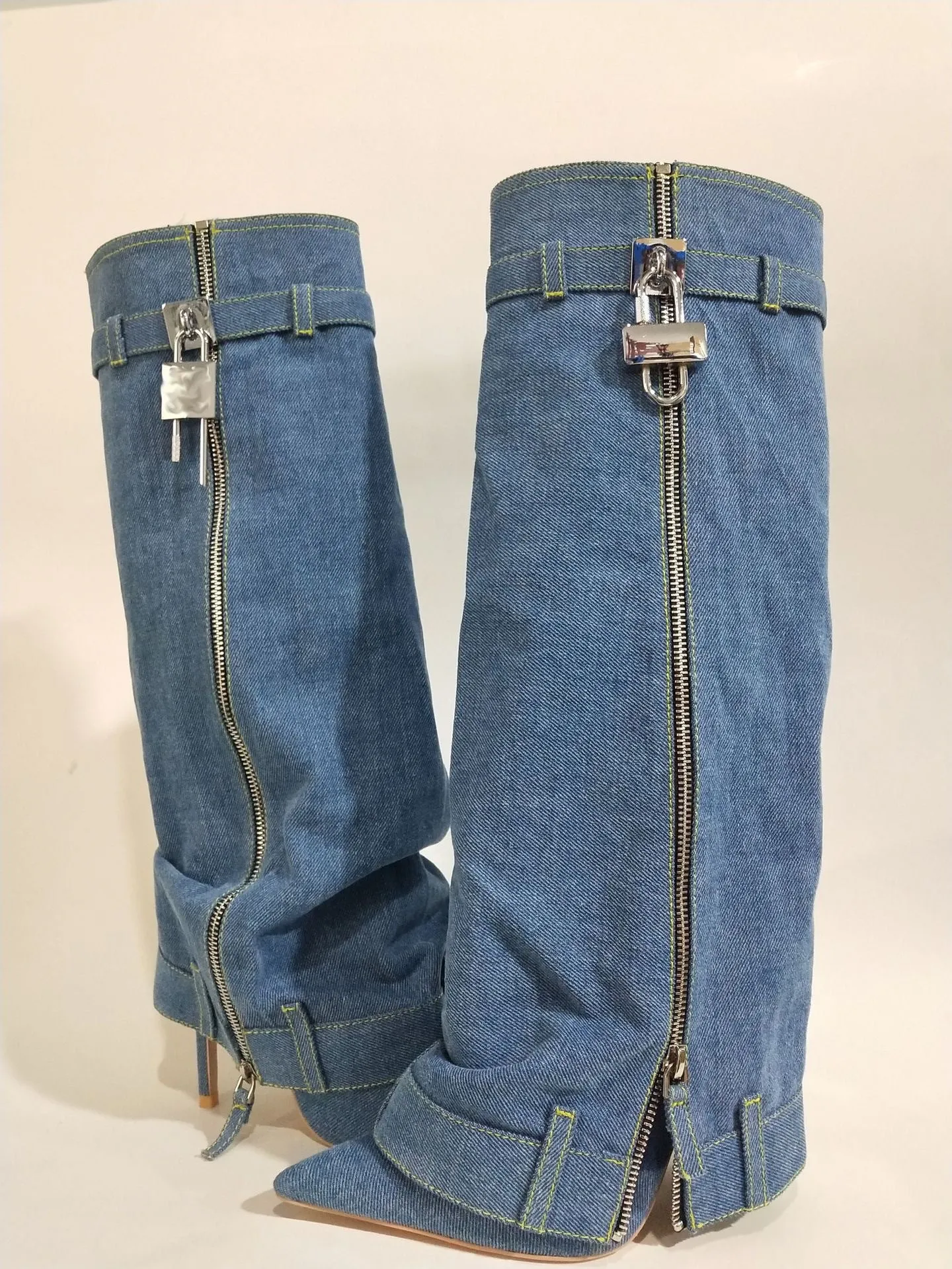 Pointed Toe Belt Buckle Ankle Cuffs Denim High Heel Boots