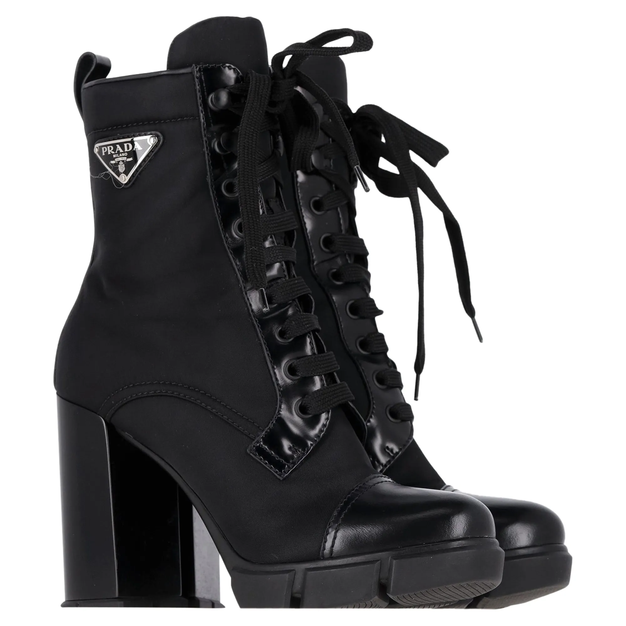 Prada Re-Nylon Logo Lace-Up High-Heeled Boots in Black Nylon