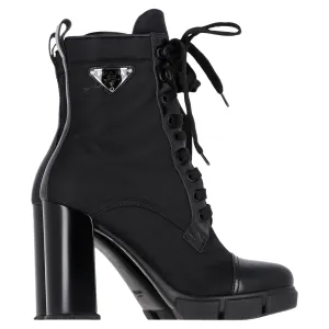 Prada Re-Nylon Logo Lace-Up High-Heeled Boots in Black Nylon