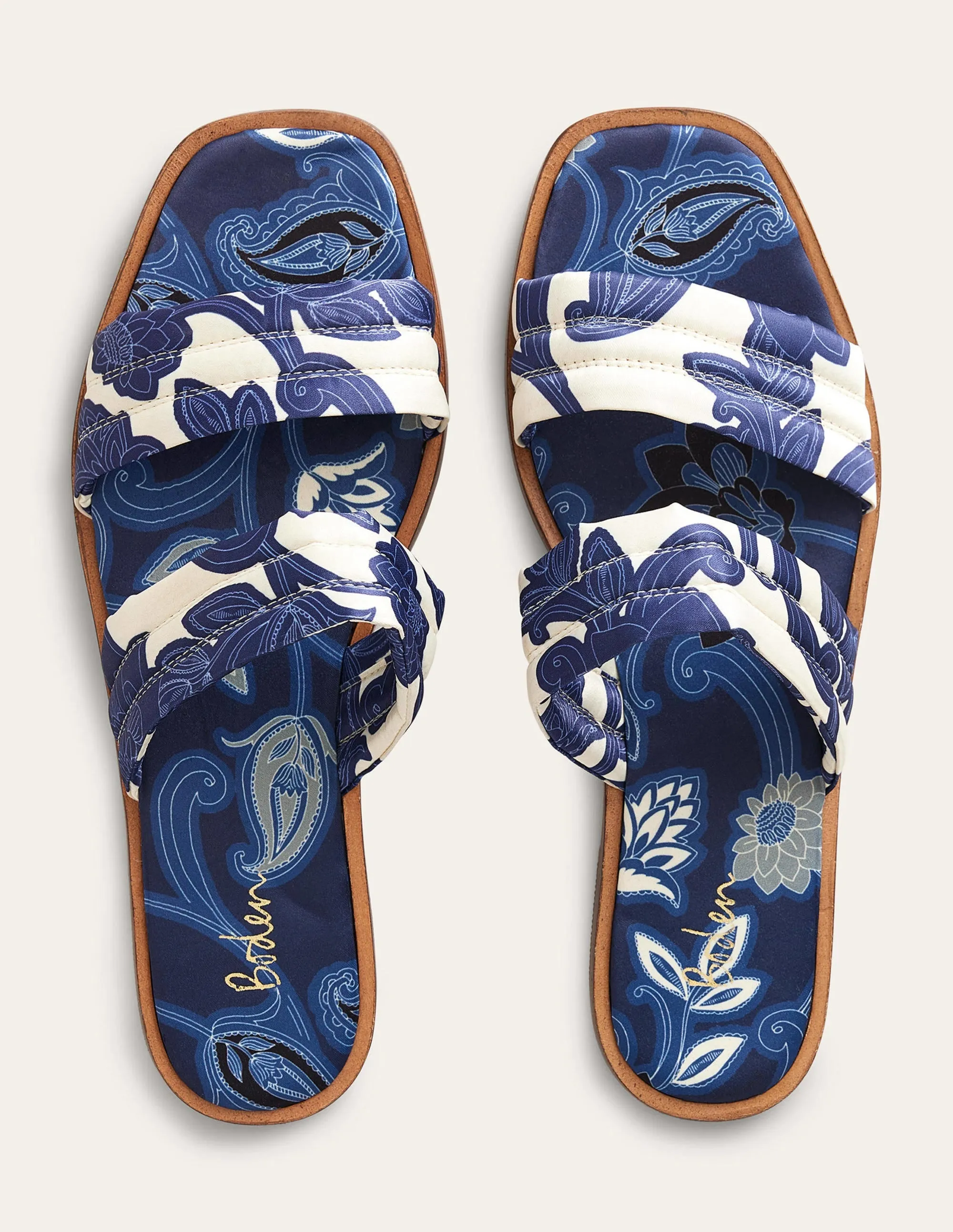 Printed Satin Slide Sandals-Blue Ribbon, Paisley Whirl