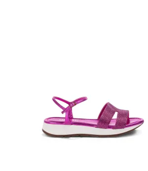 Rhinestones fuchsia suede and nappa leather sandals