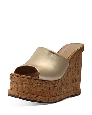 Schutz Dalle Platina Gold Vamp Slip On Open Toe Cork Wedge Heel Plaform Sandals