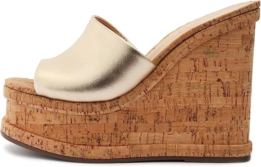 Schutz Dalle Platina Gold Vamp Slip On Open Toe Cork Wedge Heel Plaform Sandals
