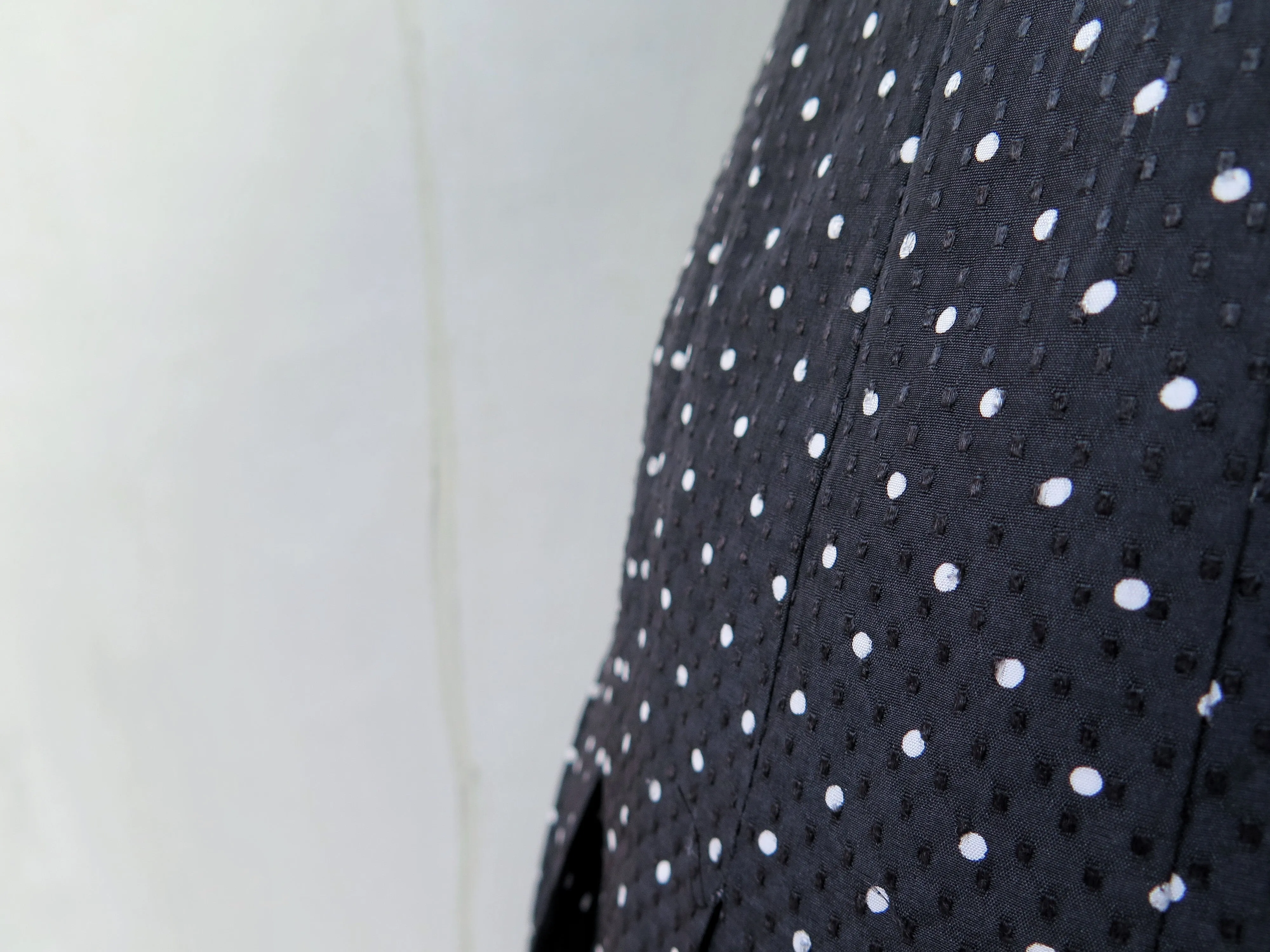 Shelly | Vintage 1950s/1960s Black textured polka dot embroidered scalloped collar Long sleeve dress
