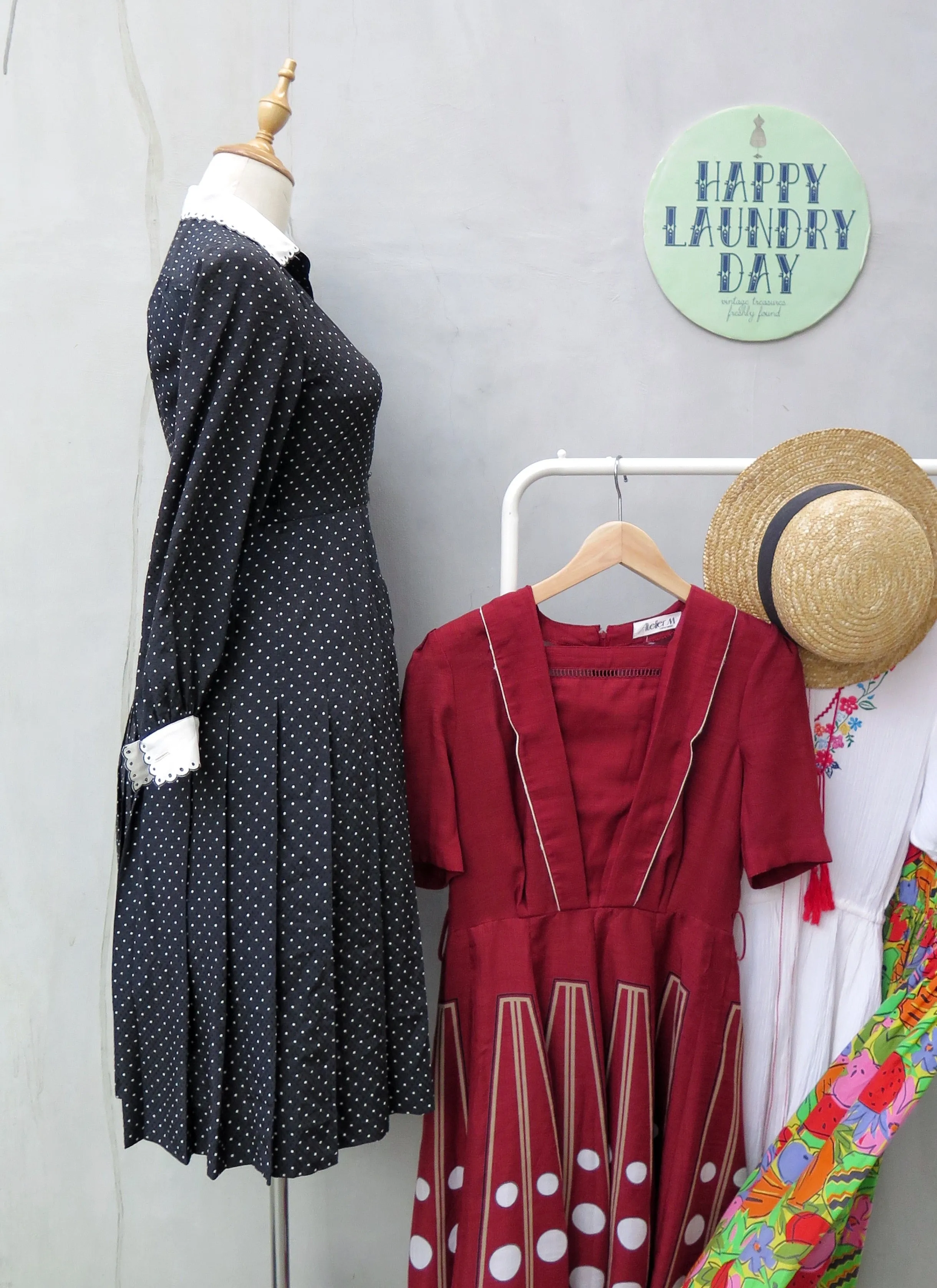 Shelly | Vintage 1950s/1960s Black textured polka dot embroidered scalloped collar Long sleeve dress