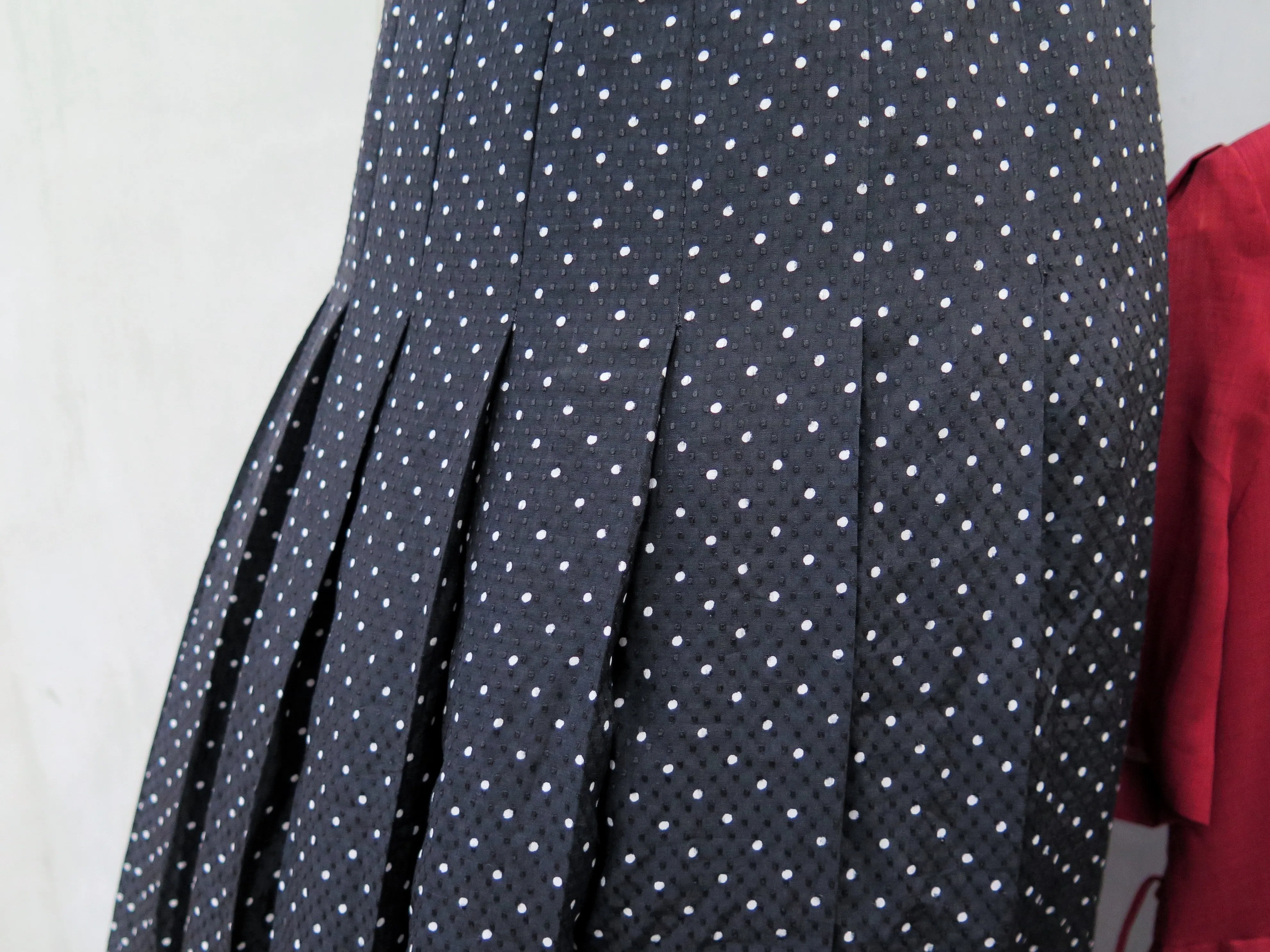Shelly | Vintage 1950s/1960s Black textured polka dot embroidered scalloped collar Long sleeve dress
