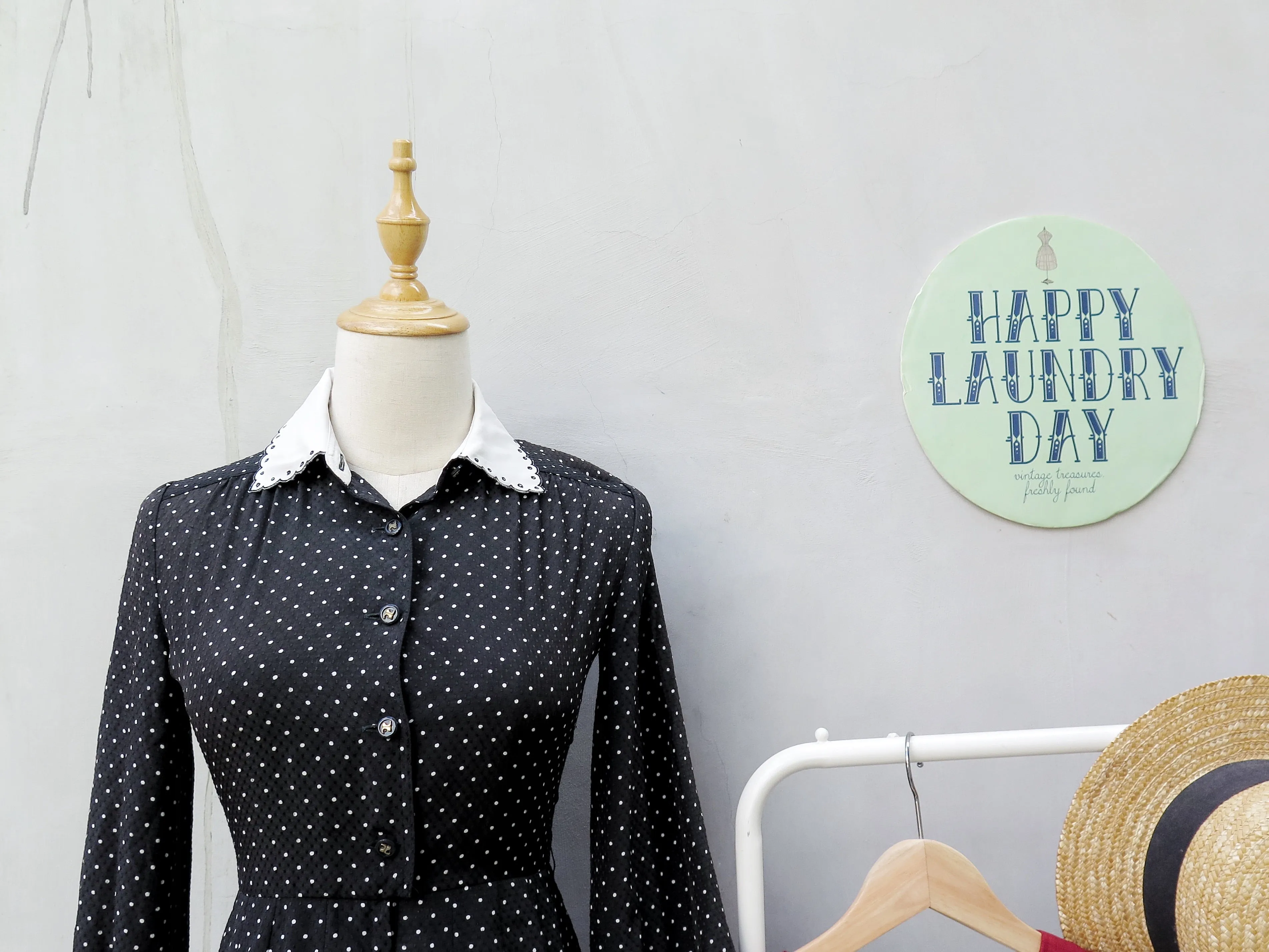 Shelly | Vintage 1950s/1960s Black textured polka dot embroidered scalloped collar Long sleeve dress