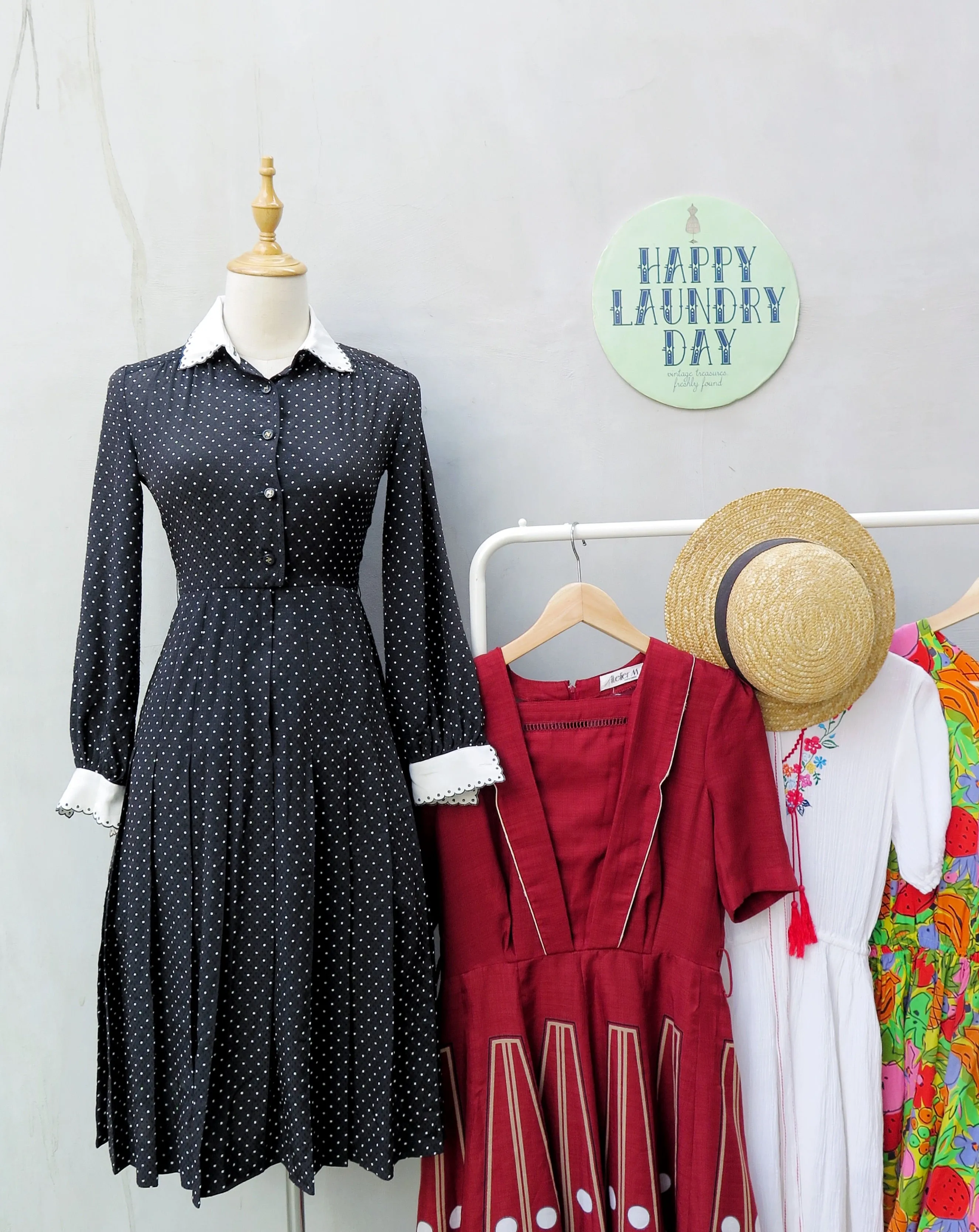 Shelly | Vintage 1950s/1960s Black textured polka dot embroidered scalloped collar Long sleeve dress
