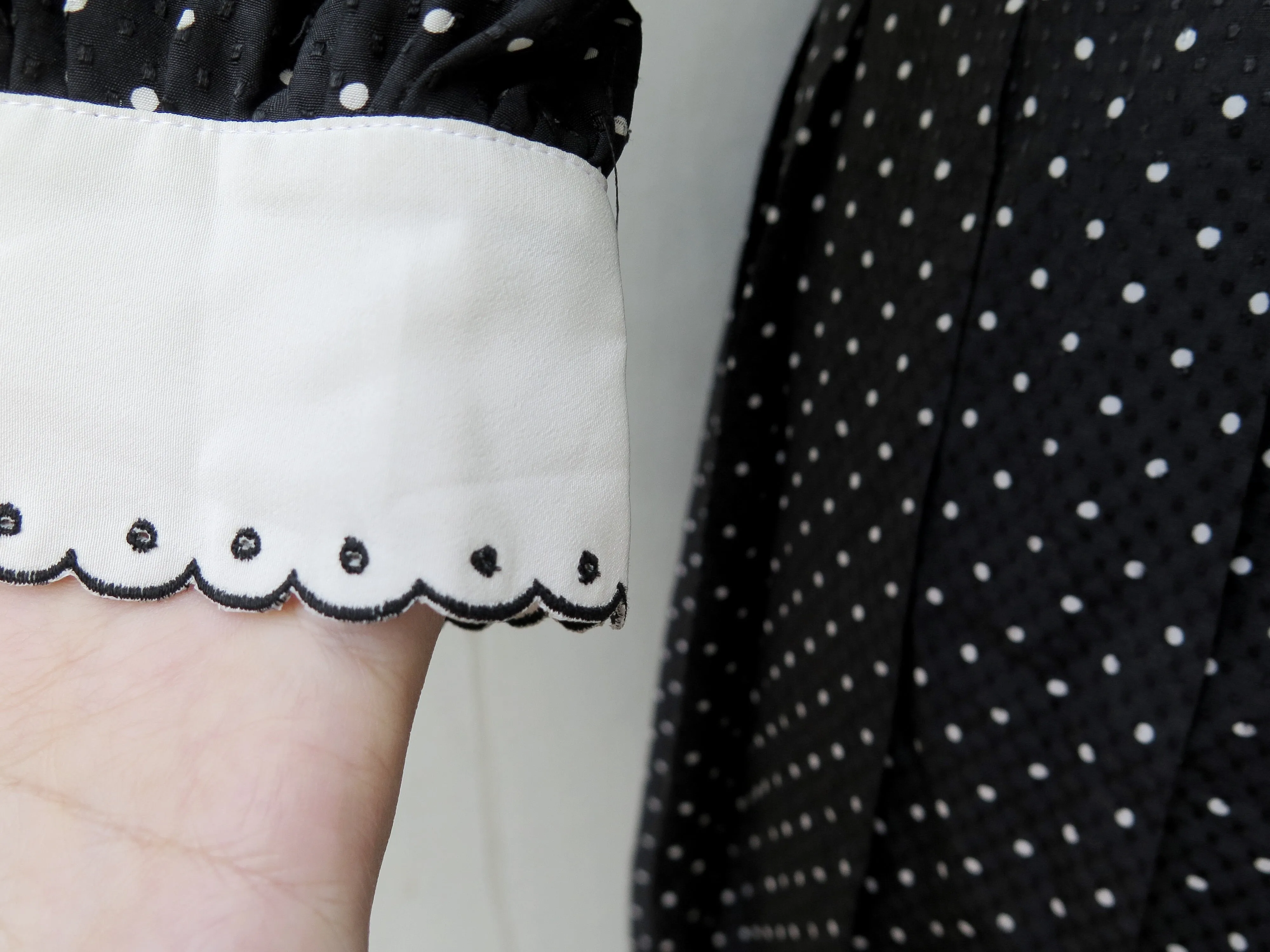 Shelly | Vintage 1950s/1960s Black textured polka dot embroidered scalloped collar Long sleeve dress