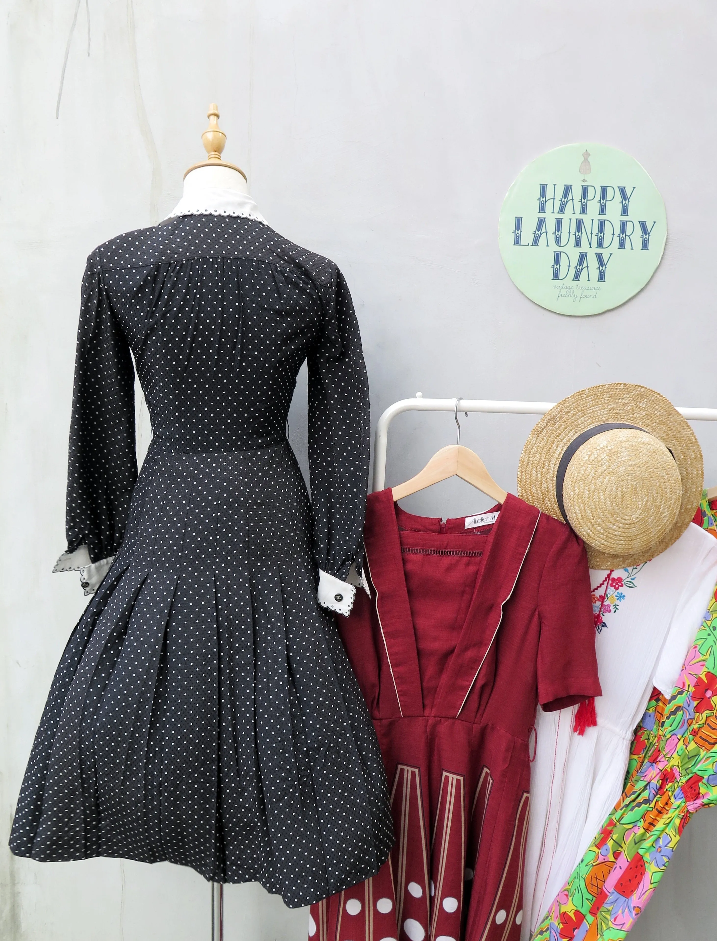 Shelly | Vintage 1950s/1960s Black textured polka dot embroidered scalloped collar Long sleeve dress