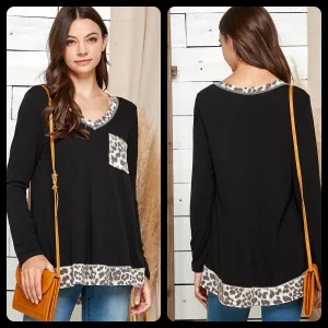 SOLID COLOR V NECK BLOUSE WITH LEOPARD PRINT ACCENTS