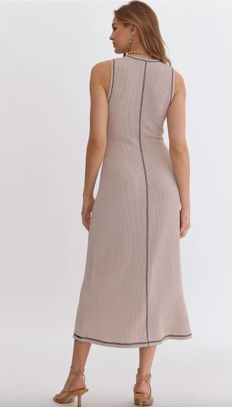 Solid Ribbed Round Neck Sleeveless Midi Dress