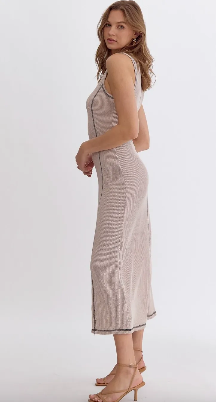 Solid Ribbed Round Neck Sleeveless Midi Dress