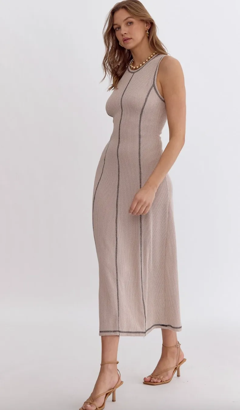 Solid Ribbed Round Neck Sleeveless Midi Dress