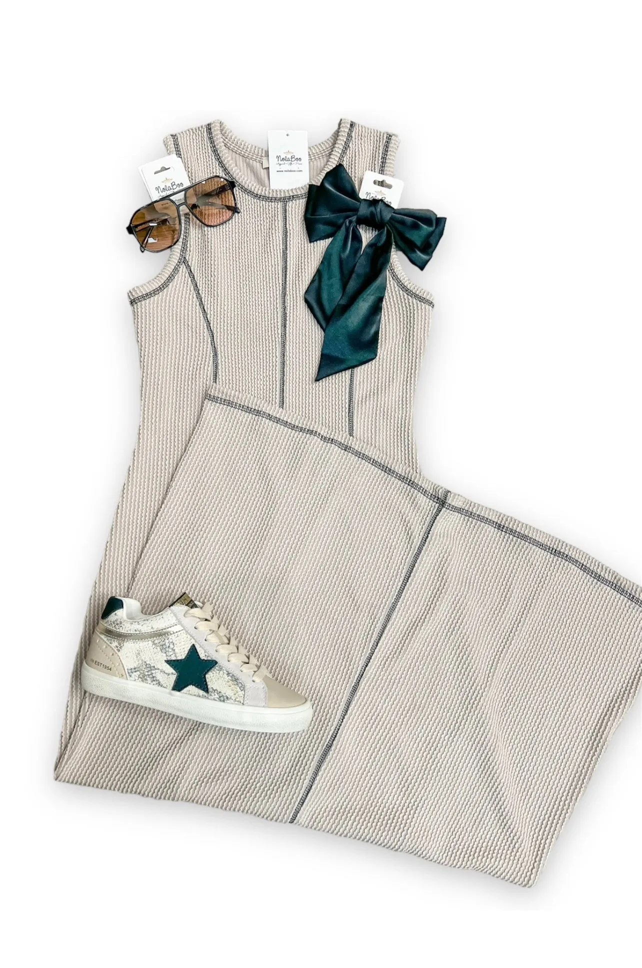 Solid Ribbed Round Neck Sleeveless Midi Dress