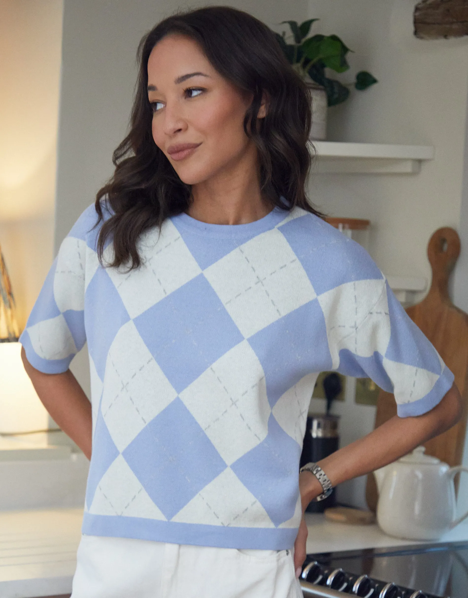 Women's Blue Argyle Short Sleeve Knitted T-Shirt