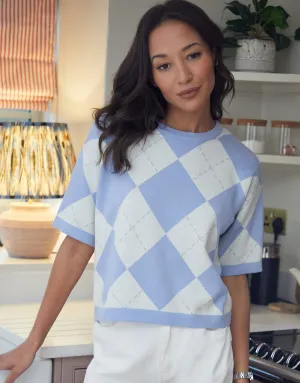 Women's Blue Argyle Short Sleeve Knitted T-Shirt