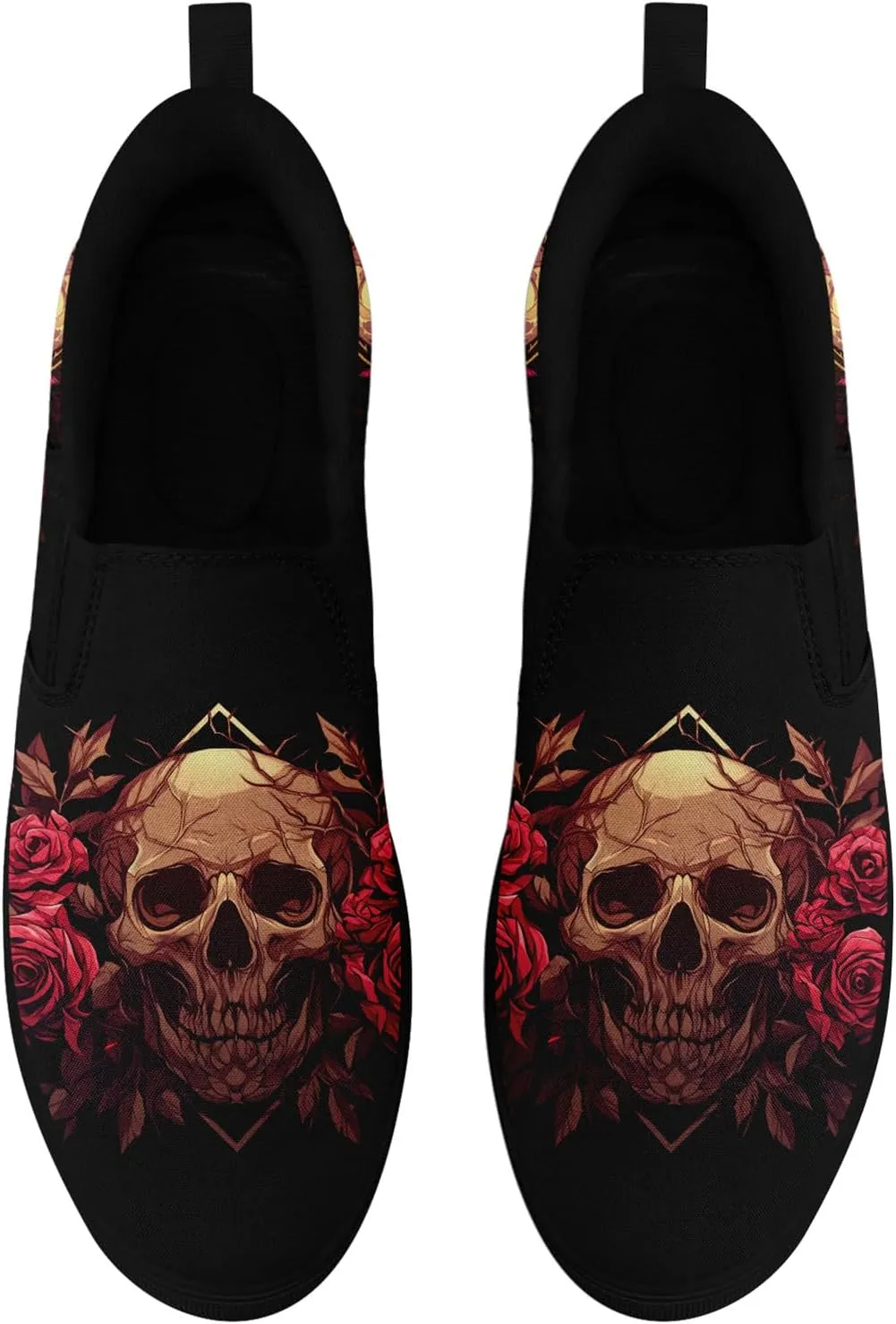 Women's Gothic Skull Slip Ons Sneakers Elastic Canvas Casual Loafers Rock &Punk Low Top Walking Shoes for Men